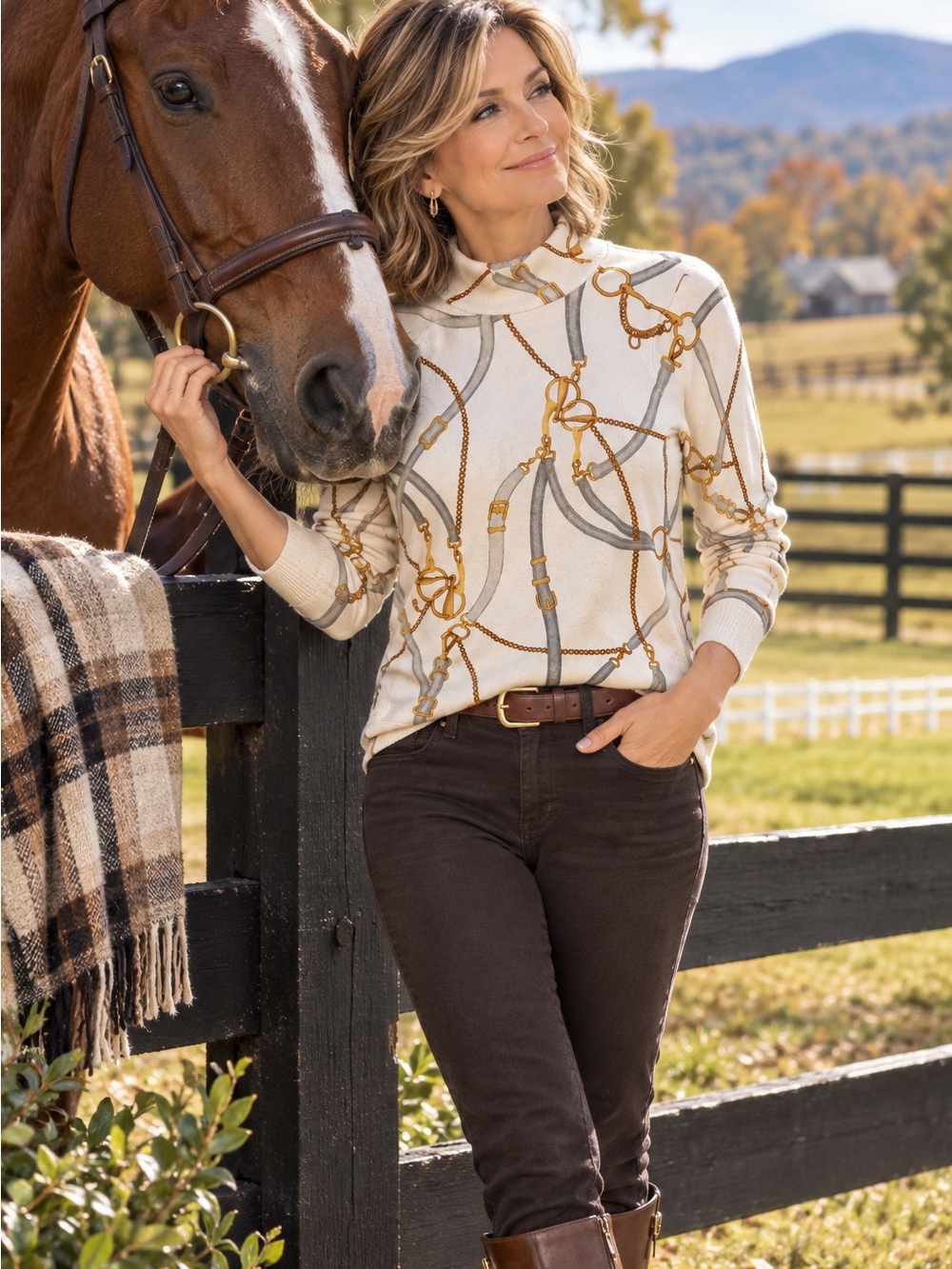 Chico’s Metallic Knit Equestrian Print Sweater Size 0 Cream Gold Gray